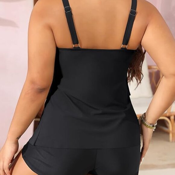 YONIQUE BLACK FLOUNCE RUFFLE 3-TIERED TANKINI SWIM TOP PLUS SIZE 18W NWT - Picture 2 of 9